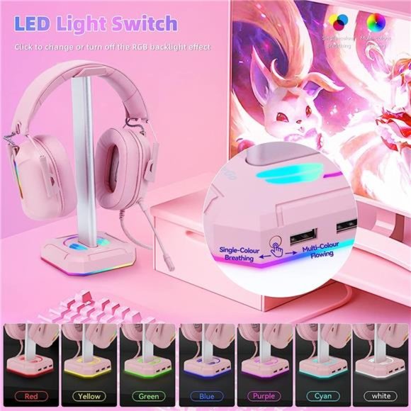Pink Headphone Stand RGBLights Gaming Headset Holder with 3USB Port for Charging - Picture 3 of 6